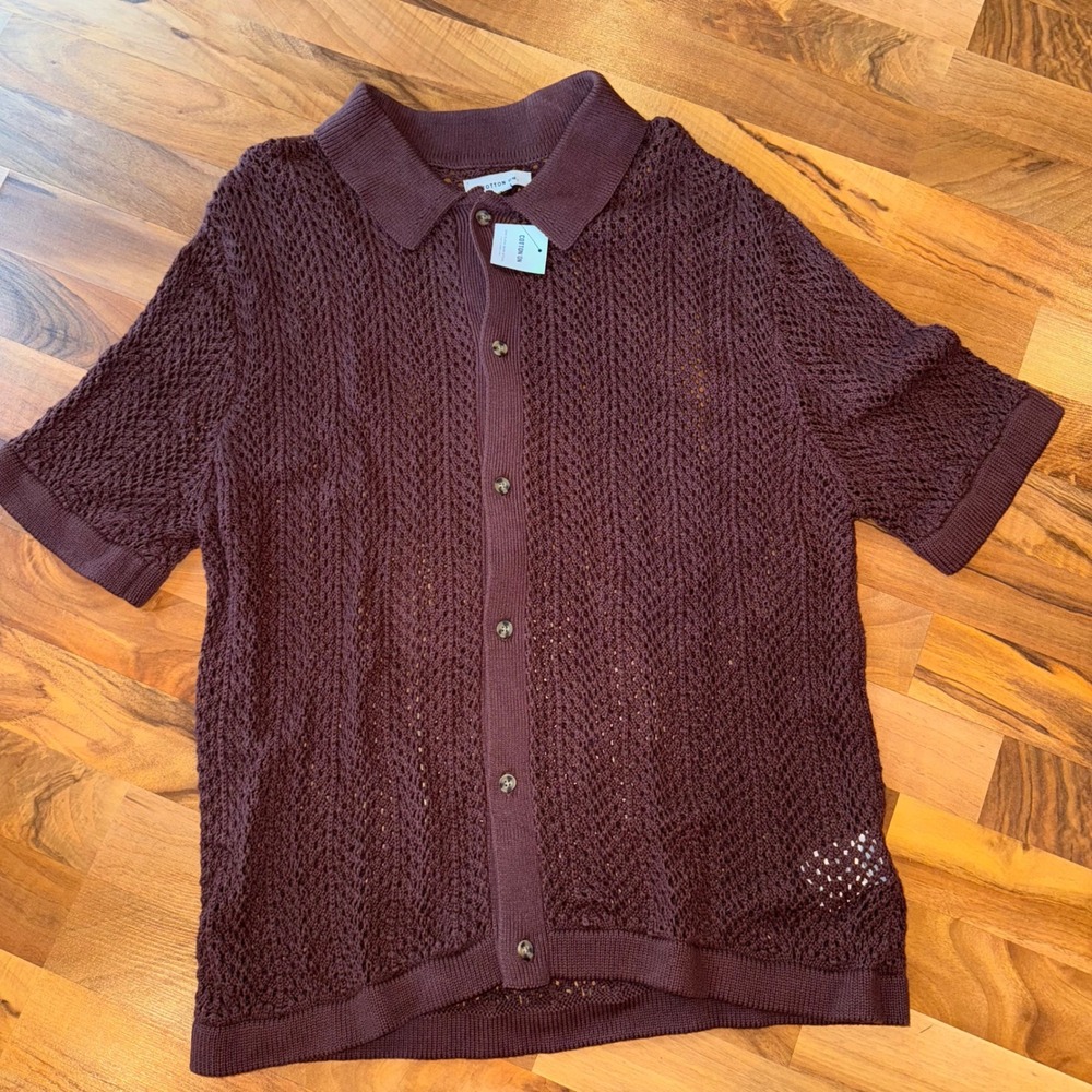 COTTON ON Mens‎ Knit Button Down Short Sleeve Shirt Top Brown Large NWT resort